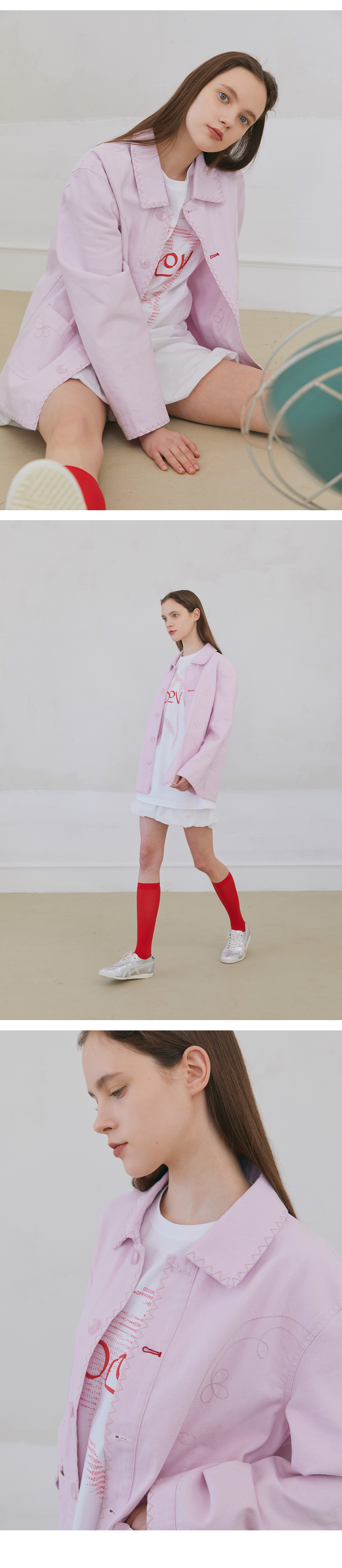 Floral Stitch French Work Jacket - Light Pink | ファッション通販